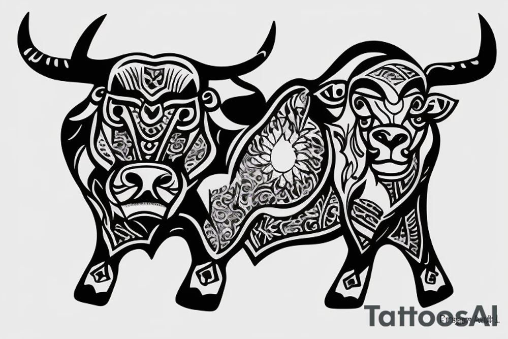 A bull running away from a lion in a loving way Taurus and Leo tattoo idea