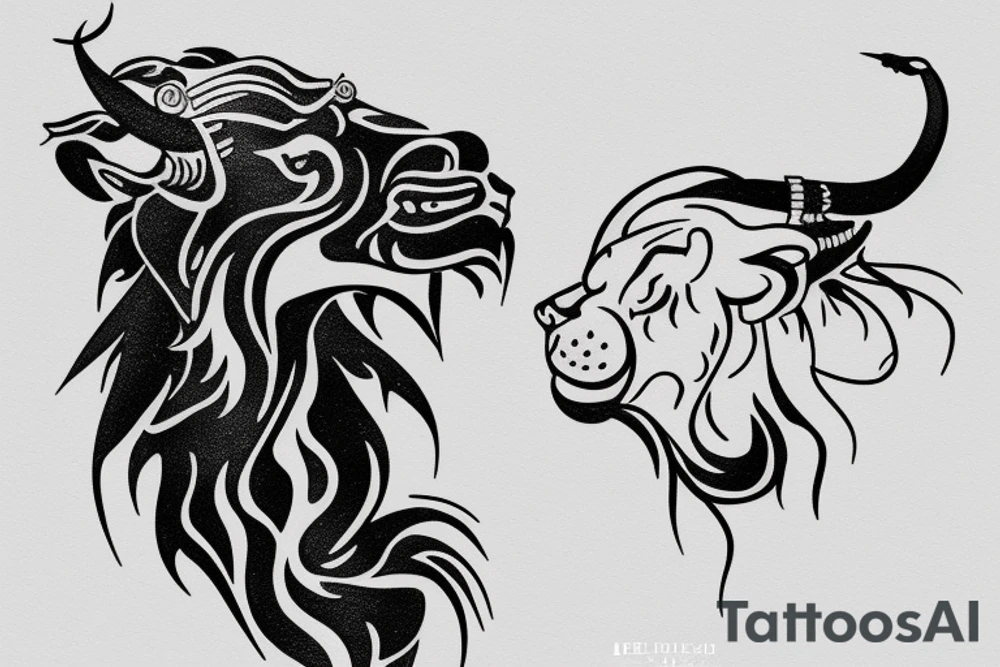 A bull running away from a lion in a loving way Taurus and Leo tattoo idea