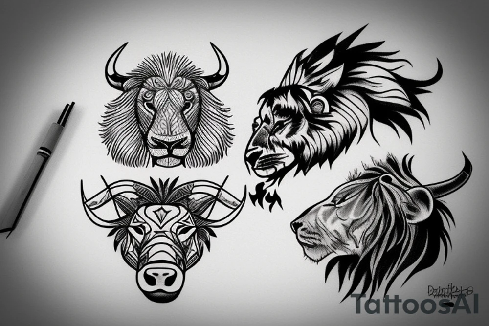 A bull looking at a lion in a loving way Taurus and Leo tattoo idea