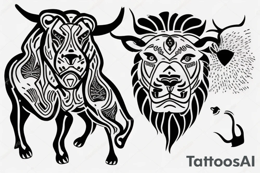 A bull looking at a lion in a loving way Taurus and Leo tattoo idea