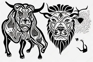 A bull looking at a lion in a loving way Taurus and Leo tattoo idea