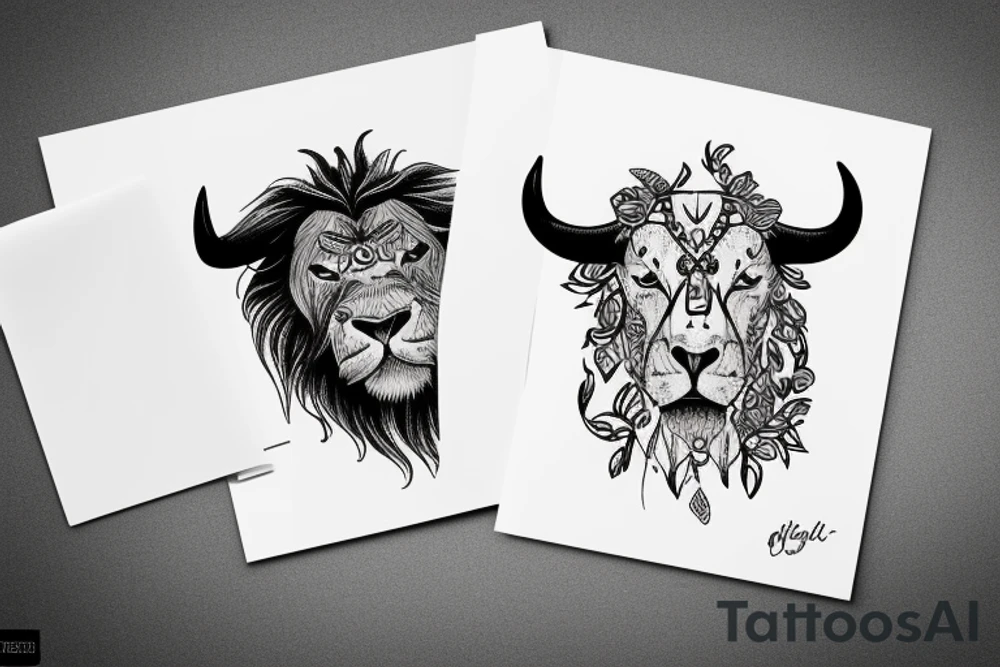 A bull looking at a lion in a loving way Taurus and Leo tattoo idea