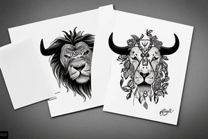 A bull looking at a lion in a loving way Taurus and Leo tattoo idea