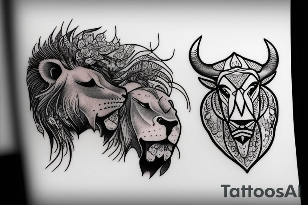 A bull looking at a lion in a loving way Taurus and Leo tattoo idea