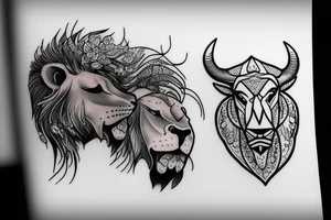 A bull looking at a lion in a loving way Taurus and Leo tattoo idea