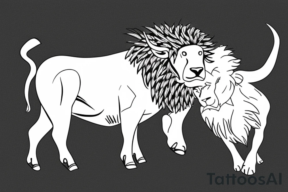 A bull looking at a lion in a loving way Taurus and Leo tattoo idea
