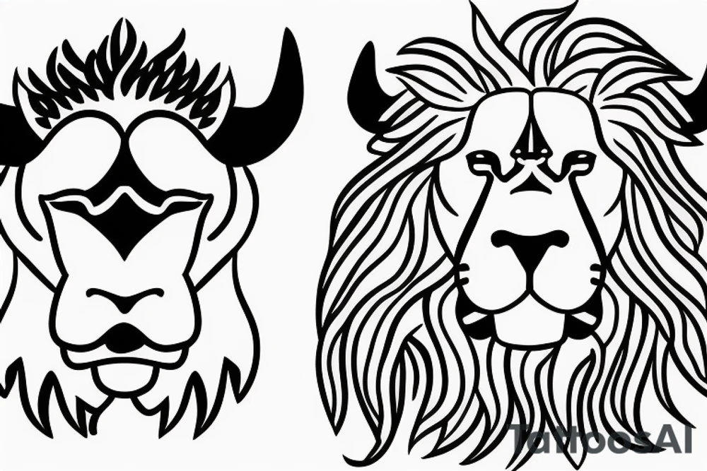 A bull looking at a lion in a loving way Taurus and Leo tattoo idea