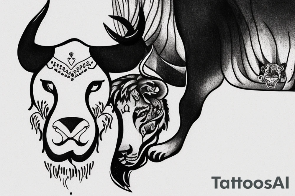 A bull looking at a lion in a loving way Taurus and Leo tattoo idea