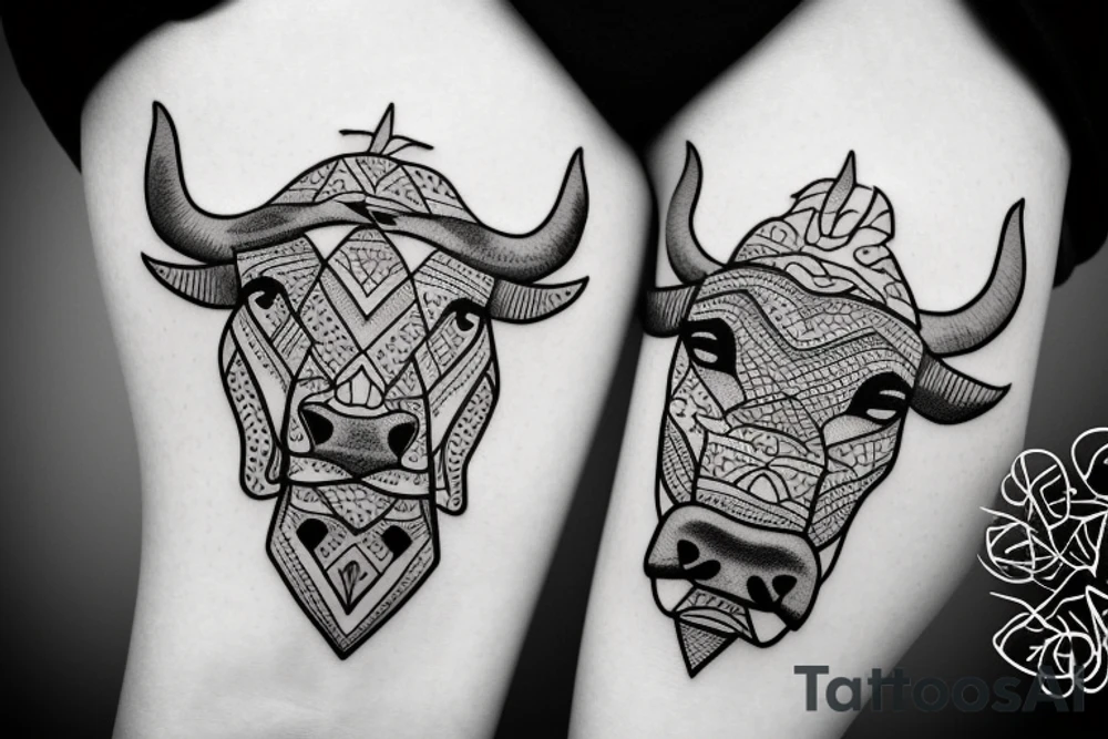 A bull looking at a lion in a loving way Taurus and Leo tattoo idea
