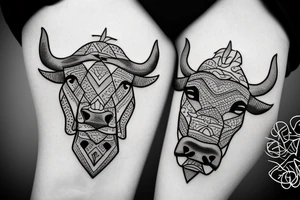 A bull looking at a lion in a loving way Taurus and Leo tattoo idea