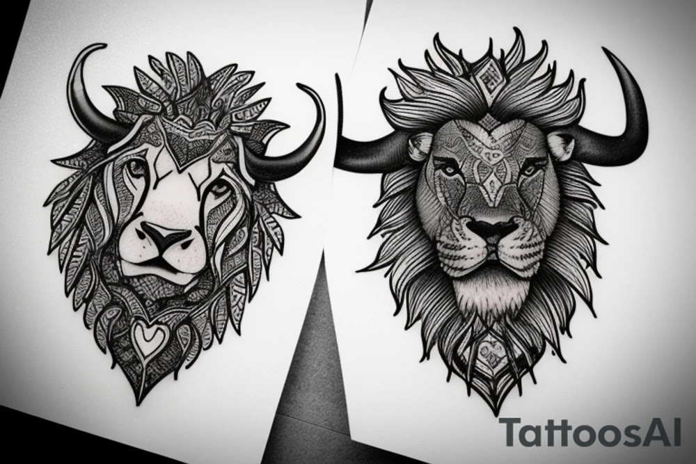A bull looking at a lion in a loving way Taurus and Leo tattoo idea