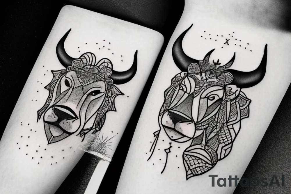 A bull looking at a lion in a loving way Taurus and Leo tattoo idea
