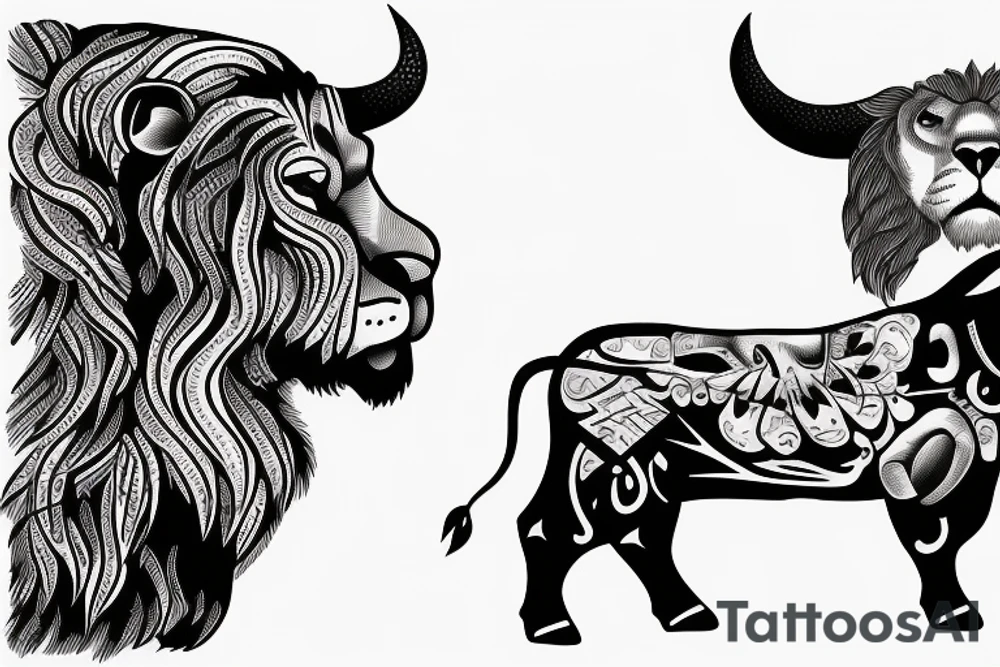 A bull looking at a lion in a loving way Taurus and Leo tattoo idea
