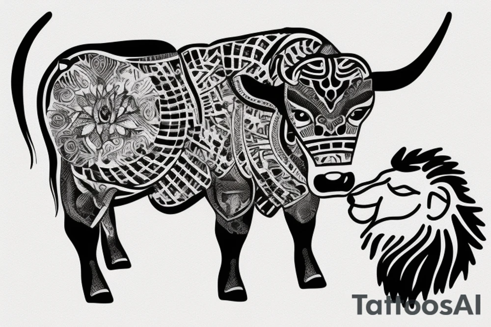 A bull looking at a lion in a loving way Taurus and Leo tattoo idea