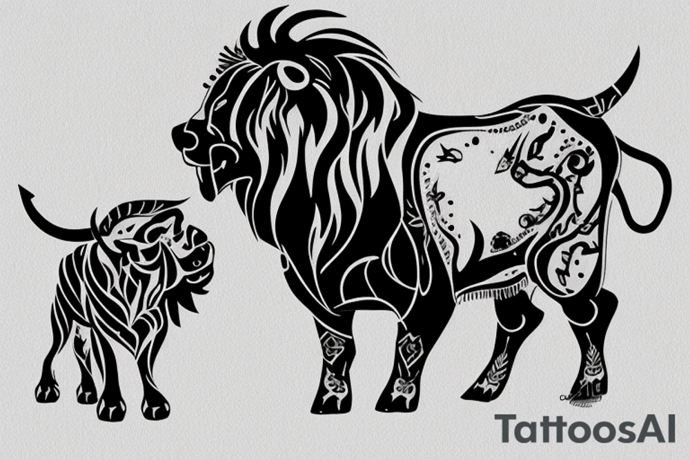 A bull looking at a lion in a loving way Taurus and Leo tattoo idea
