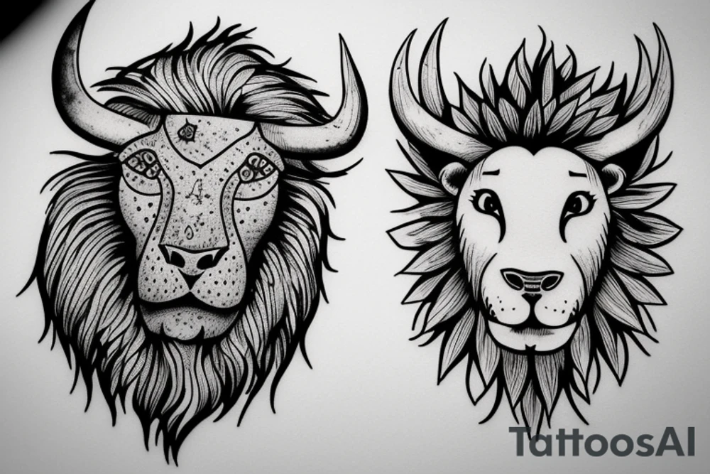 A bull looking at a lion in a loving way Taurus and Leo tattoo idea