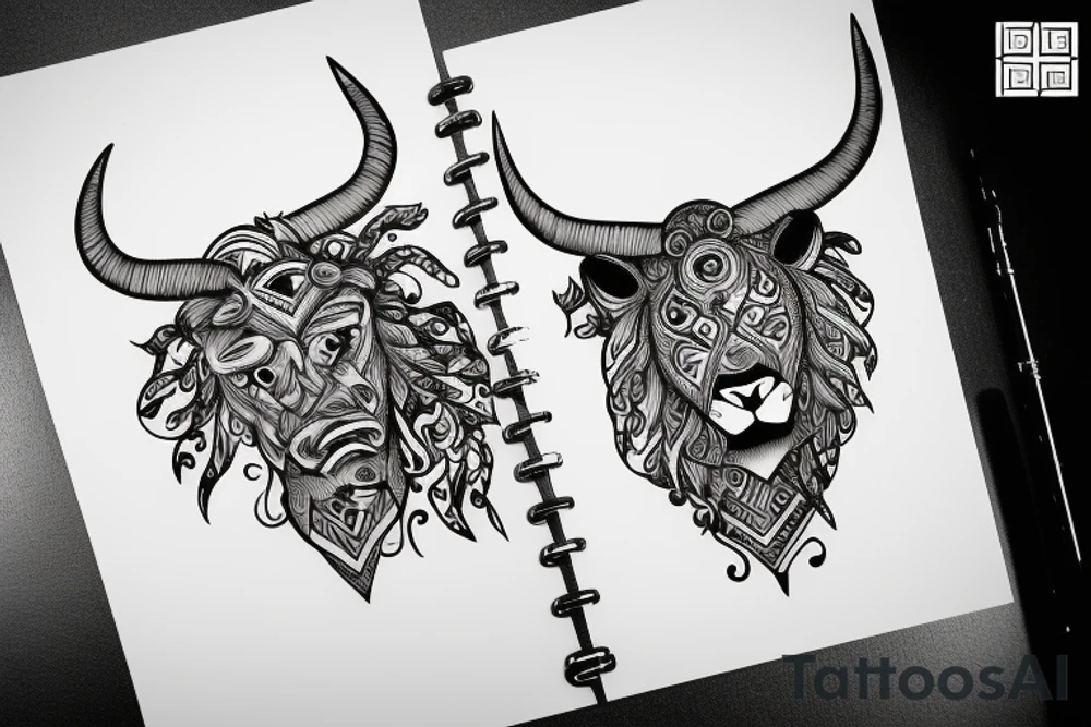 A bull looking at a lion in a loving way Taurus and Leo tattoo idea