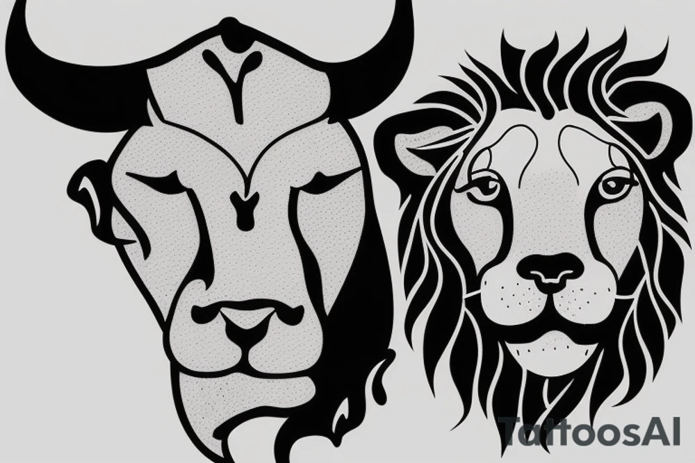 A bull looking at a lion in a loving way Taurus and Leo tattoo idea