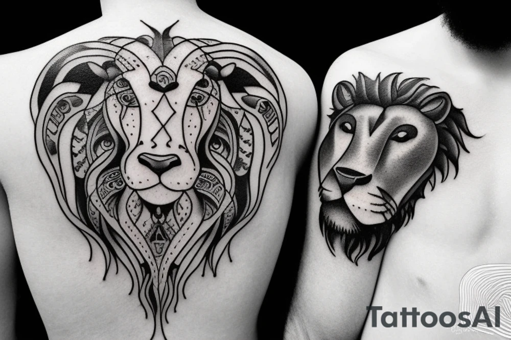 A bull looking at a lion in a loving way Taurus and Leo tattoo idea