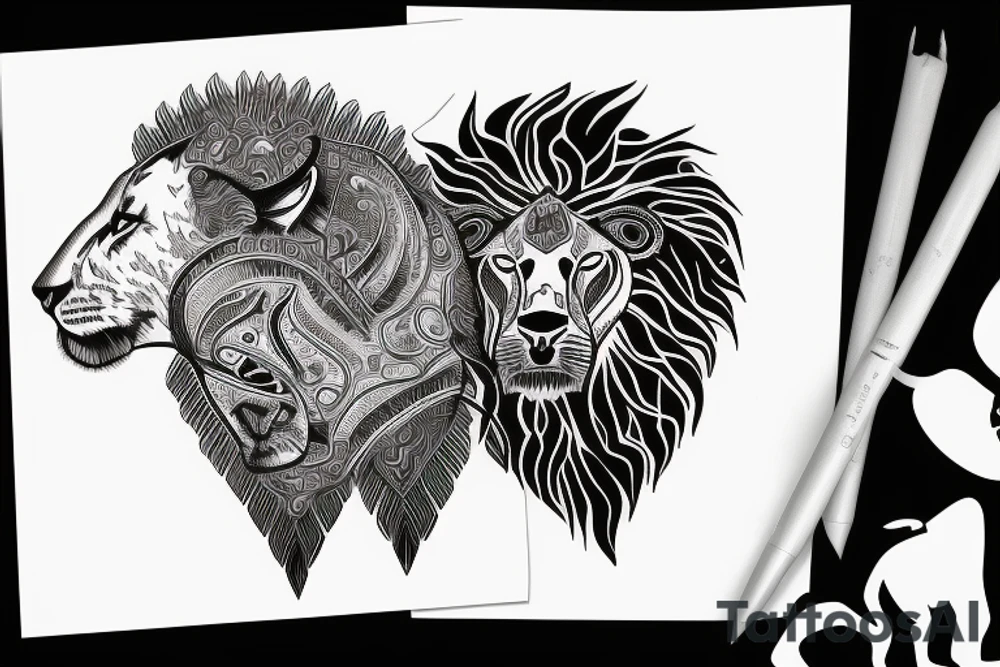 A bull looking at a lion in a loving way Taurus and Leo tattoo idea