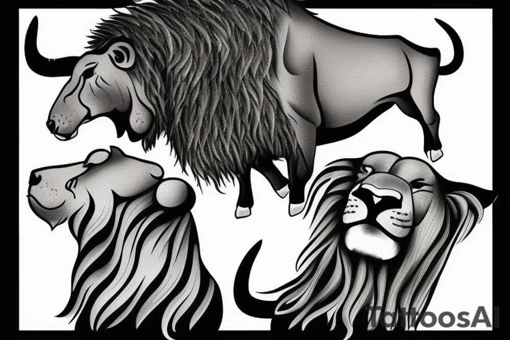 A bull looking at a lion in a loving way Taurus and Leo tattoo idea