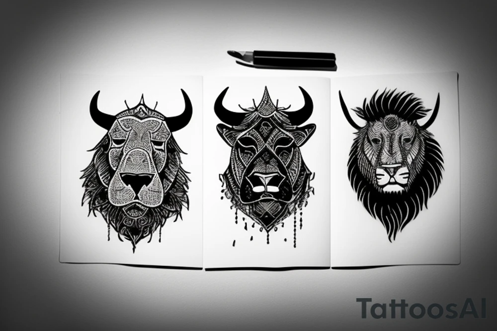 A bull looking at a lion in a loving way tattoo idea