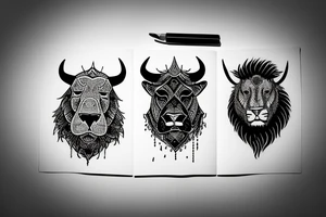 A bull looking at a lion in a loving way tattoo idea