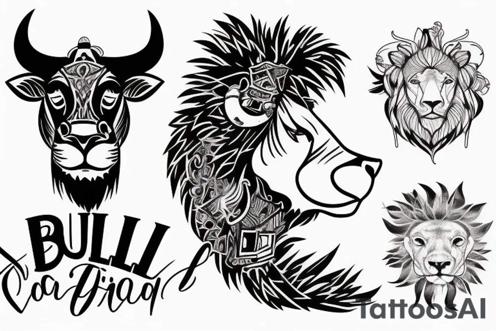 A bull looking at a lion in a loving way tattoo idea