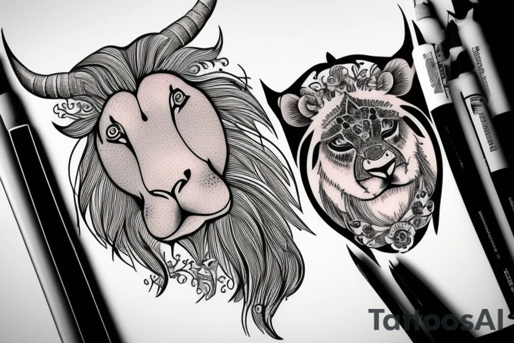A bull looking at a lion in a loving way tattoo idea