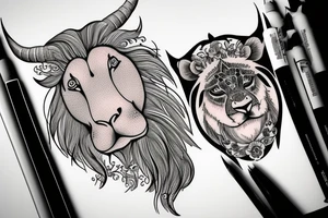 A bull looking at a lion in a loving way tattoo idea