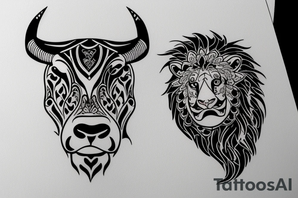 A bull looking at a lion in a loving way tattoo idea