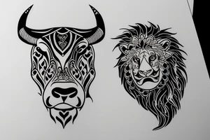 A bull looking at a lion in a loving way tattoo idea