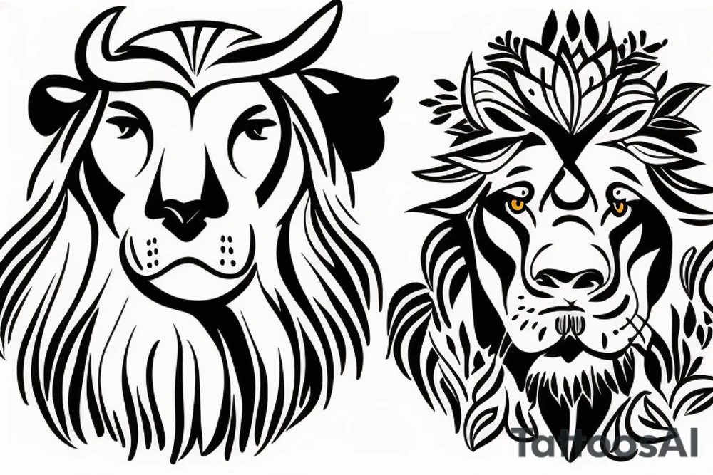 A bull looking at a lion in a loving way tattoo idea