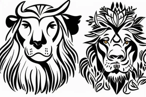 A bull looking at a lion in a loving way tattoo idea