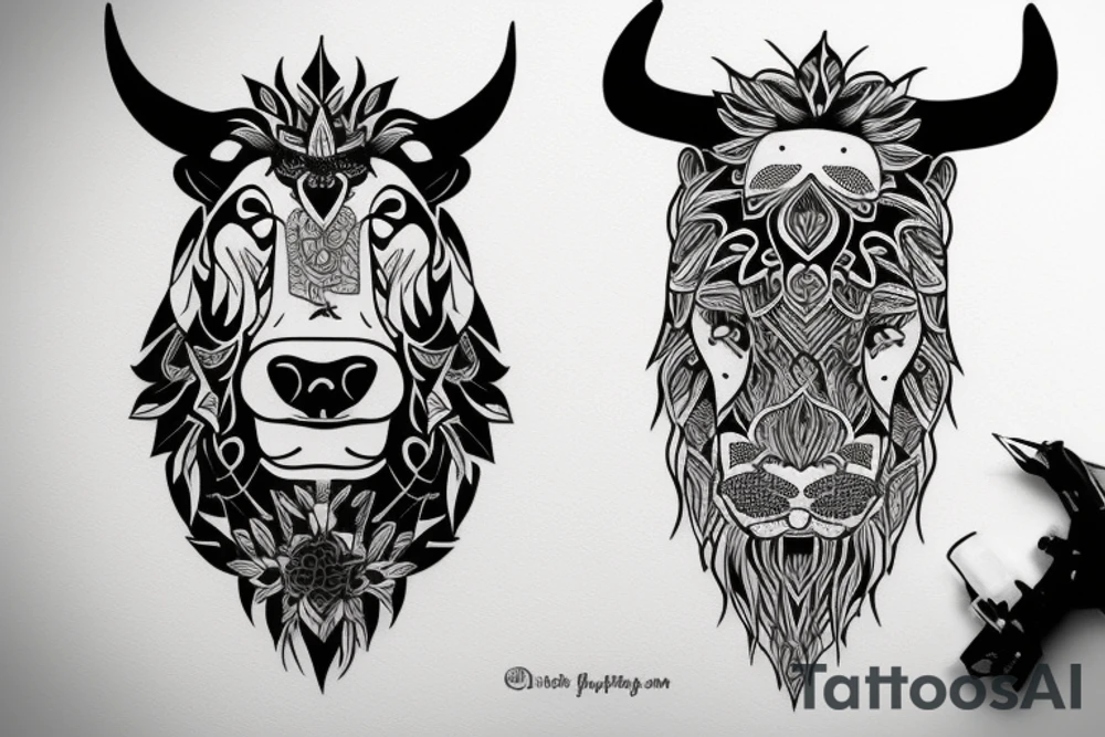 A bull looking at a lion in a loving way tattoo idea