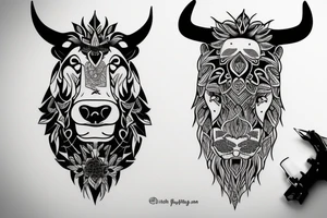 A bull looking at a lion in a loving way tattoo idea