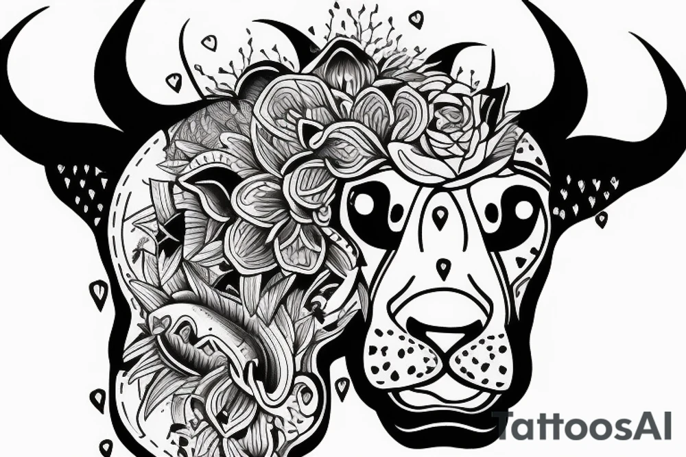 A bull looking at a lion in a loving way tattoo idea