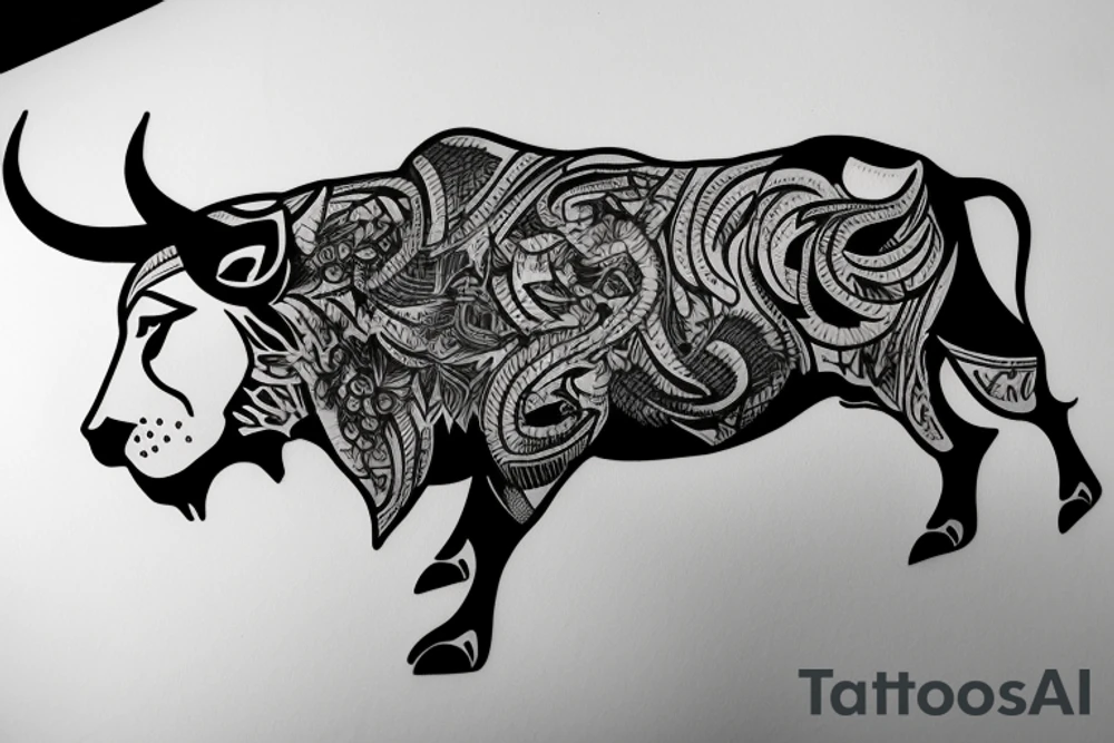A bull looking at a lion in a loving way tattoo idea