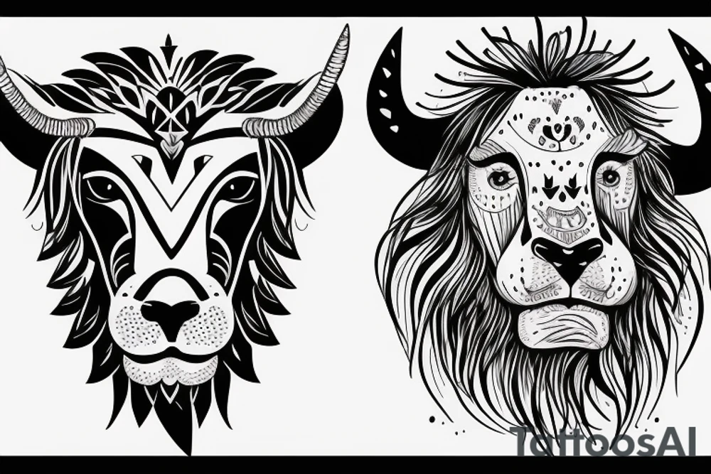 A bull looking at a lion in a loving way tattoo idea