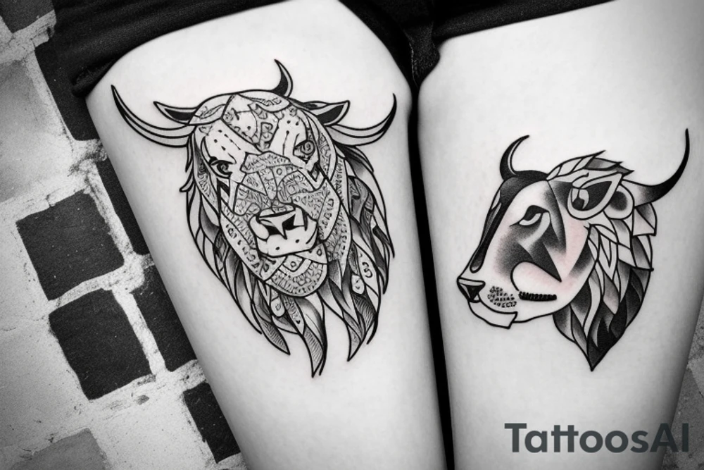 A bull looking at a lion in a loving way tattoo idea