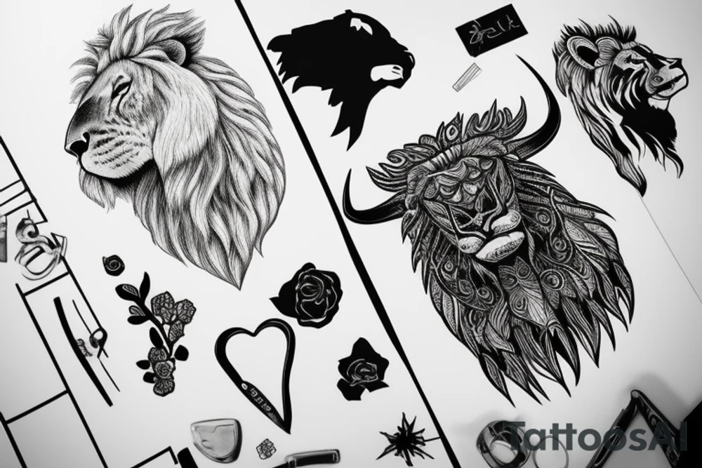 A bull looking at a lion in a loving way tattoo idea