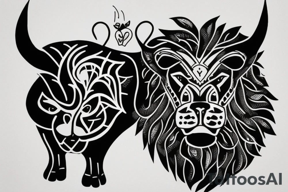 A bull looking at a lion in a loving way tattoo idea