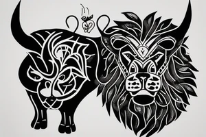 A bull looking at a lion in a loving way tattoo idea
