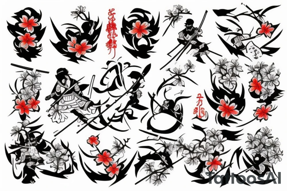 Samurai surrounded by cherry blossoms in the air tattoo idea