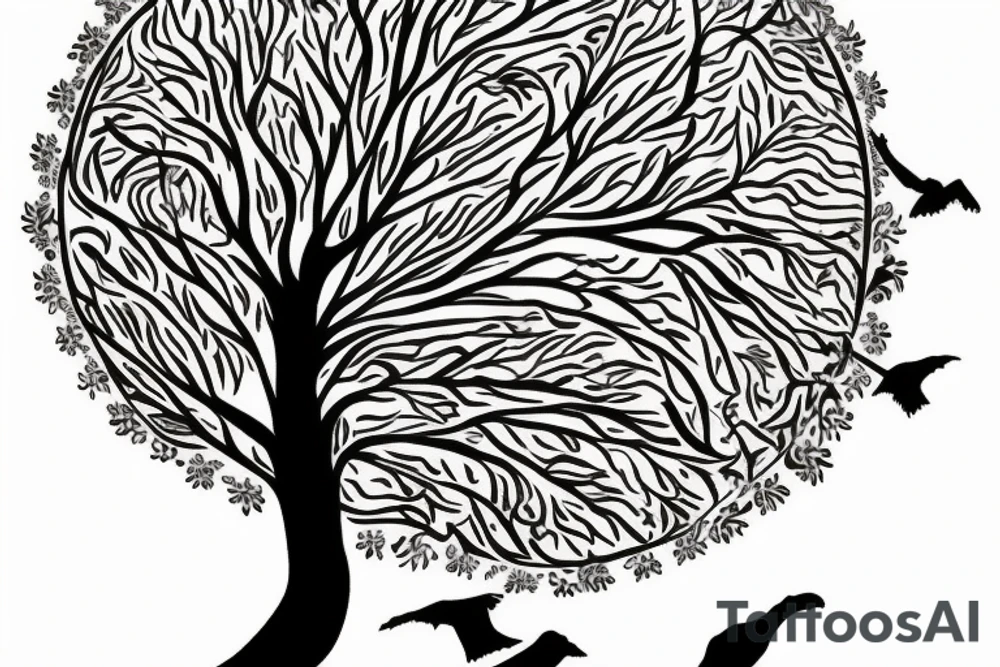 Tree of life with ravens flying in the background encompassed in a circle tattoo idea