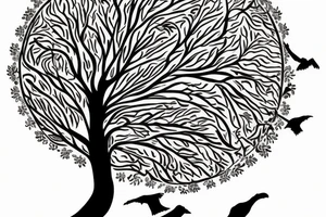 Tree of life with ravens flying in the background encompassed in a circle tattoo idea