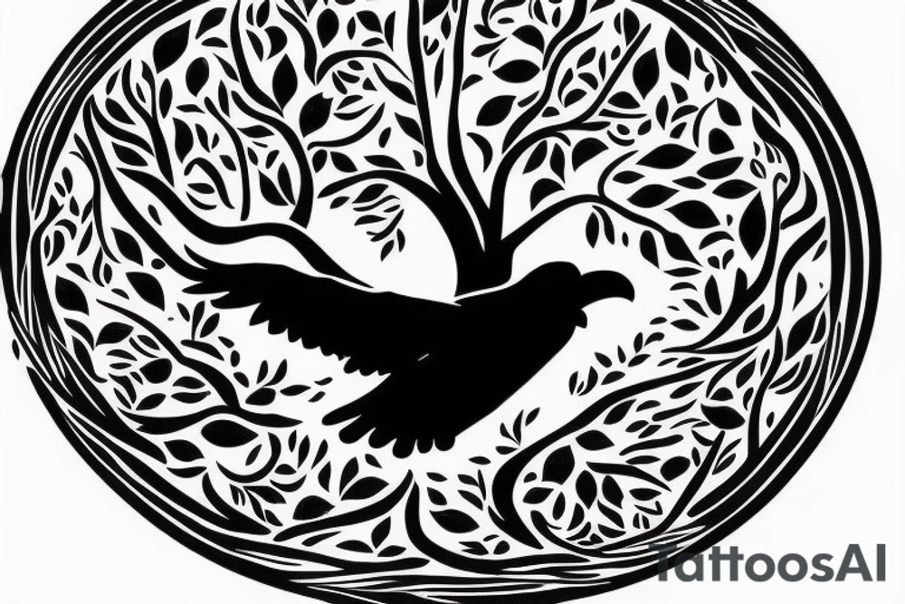 Tree of life with ravens flying in the background encompassed in a circle tattoo idea