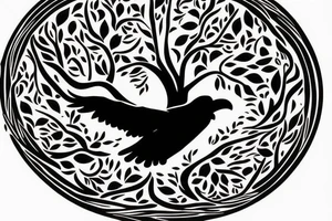 Tree of life with ravens flying in the background encompassed in a circle tattoo idea