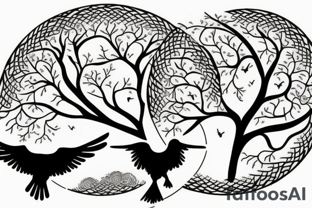 Tree of life with ravens flying in the background encompassed in a circle tattoo idea