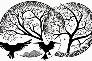 Tree of life with ravens flying in the background encompassed in a circle tattoo idea